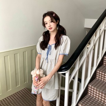 超舒服☁️⁠⁠⁠⁠夏季簡約條紋短袖睡衣 女生睡衣 韓系甜美撞色邊居家服套裝 可外穿家居服 寬鬆舒適短袖短褲睡衣 兩件套
