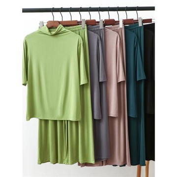 莫代爾質感半袖睡衣套裝女莫奈爾闊腿褲半袖半高領牛奶絲家居服薄