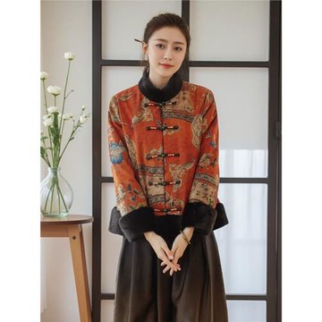 正宗品牌香云紗上衣國風拼接水貂絨皮草外套秋冬款短款高級感洋氣