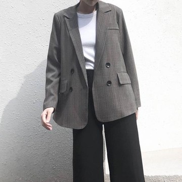 格紋西裝上衣顯瘦長袖寬松休閑復古口袋25女通勤西服咖色格子外套