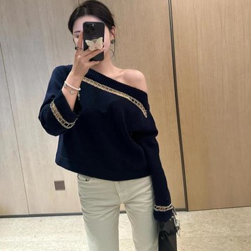 內搭打底衫鏈條鏤空設計感長袖露肩毛衣女款2025新款春裝斜肩上衣