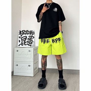 熒光綠多巴胺冰絲短褲男夏季速干涼感籃球運動褲大碼沙灘五分褲衩