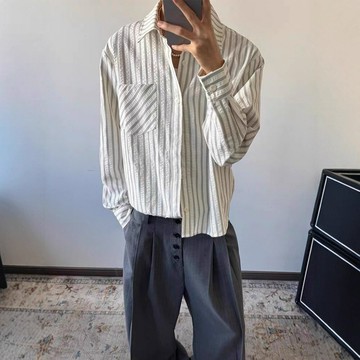 泡泡紗美式條紋襯衫男春秋款高級感正肩長袖襯衣cleanfit防曬外套鑫弘-錦衣華服