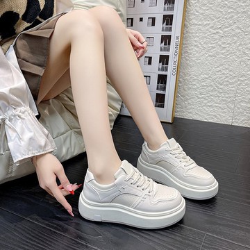 韓高學妹ins潮~圓頭系帶2025春夏款增高厚底休閑運動板鞋女小白鞋