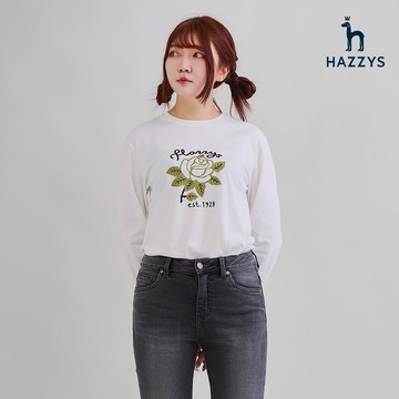 【HAZZYS】女款白色親膚柔軟大玫瑰浪漫風格長袖圓領衫 YOUED205