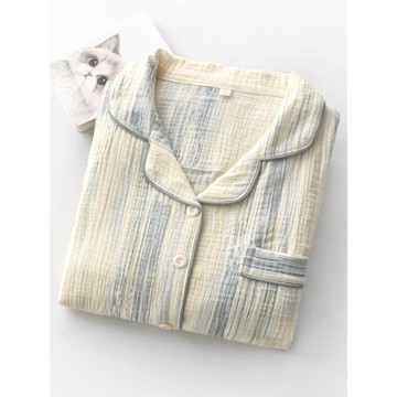 日系藍幻條紋睡衣女士春秋夏季純棉紗布薄款長袖開衫家居服套裝