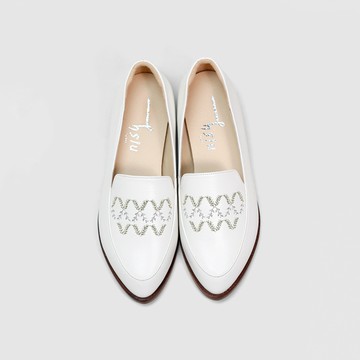 【HSIU創意手工繡花鞋】刺繡樂福鞋｜蔚蔚(白) LG-21
