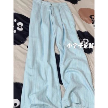 150小個子多巴胺褲子藍色豎條紋牛仔褲女高腰直筒窄版休閑闊腿褲