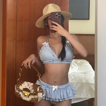 夏季必備🌞 純欲少女條紋花邊蓬蓬裙比基尼女高顏值新款溫泉沙灘度假泳裝