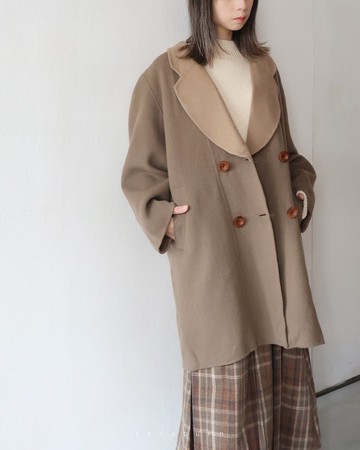 復古剪裁日本製克什米爾羊毛可可灰棕古著大衣外套
