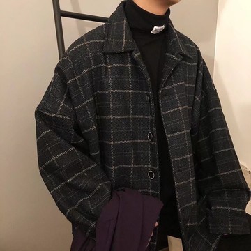 毛呢外套 男 保暖外套 冬天外套 外套男加厚格子韓版寬鬆流學生港風複古毛呢夾克 WZZT