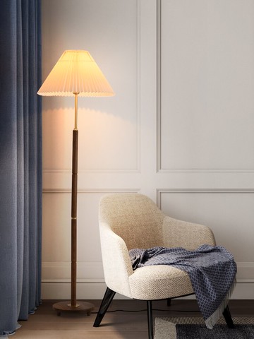 vintage復古胡桃木黃銅落地燈北歐民宿臥室床頭客廳書房百褶臺燈