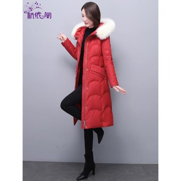 紅色羽絨服女中長款2024年冬新款時尚洋氣高端白鴨絨長款過膝外套