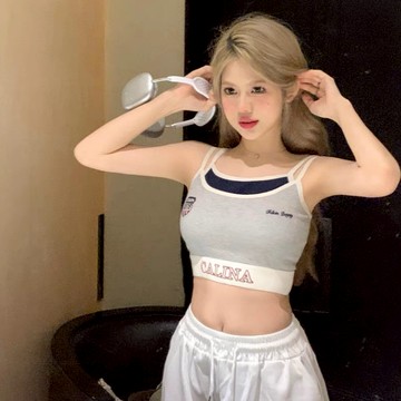 背心 ✨韓系防走光假兩件吊帶背心短版上衣辣妹美背背心夏天穿搭休閒運動小背心 10812