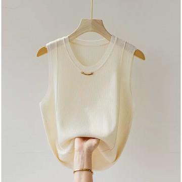 胖胖美依 上衣 T恤 背心上衣 冰絲吊帶背心白色無袖內搭打底衫寬鬆配小西裝針織上衣202TBF03-9530.