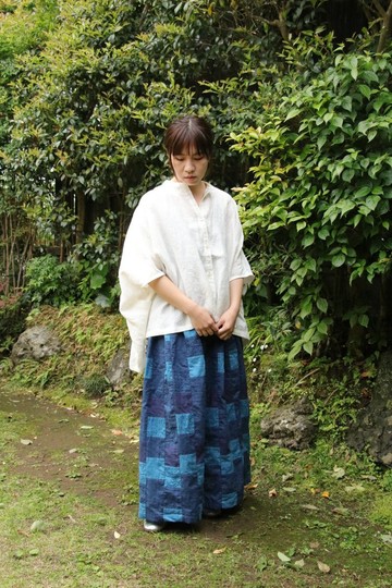 靛藍染棉質蕾絲拼接長裙