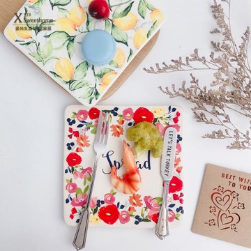 外貿陶瓷杯墊 陶瓷鍋墊 盤墊子 平盤子 西餐盤 檸檬花朵圖案平盤