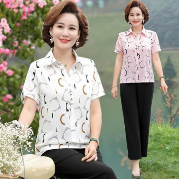 媽媽裝夏款短袖翻領上衣中年女白色印花雪紡衫50歲中老年夏天衣服
