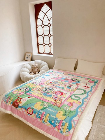 復古小屋仿羊羔絨沙發毯保暖毛絨休閒蓋毯