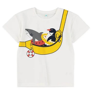 日本西松屋 - 逗趣海洋腰包印花短袖上衣-企鵝鯊魚-白