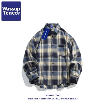 Wassup tenet日系格子寬松復古長袖襯衫男士秋季ins潮流痞帥情侶