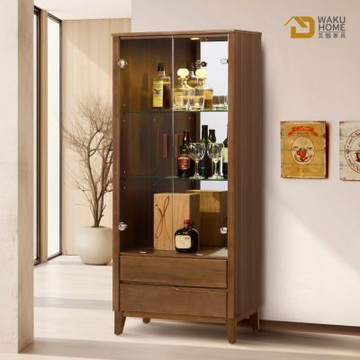 WAKUHOME 瓦酷家具Yamy淺胡桃實木2.1尺玻璃展示櫃 (實木面板/檯面/座腳)寬64.5*深40.5*高175.5