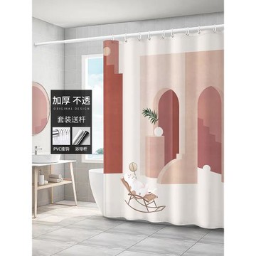 莫蘭迪浴簾防水布卡通貓咪衛生間隔斷掛簾防霉加厚滌綸套裝免打孔