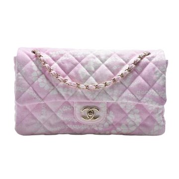 CHANEL 經典Coco Beach 系列雙C LOGO印花丹寧布翻蓋肩背/斜背包(櫻花粉)
