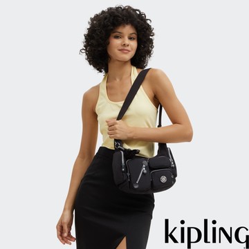 Kipling 質感極致黑多拉鍊收納斜肩兩用包-ETSU