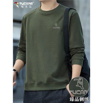 啄木鳥刺繡衛衣男士春秋季圓領套頭衫寬松休閑保暖長袖t恤上衣男
