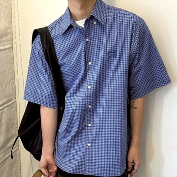 【AMERO】男裝 女裝 短袖格子襯衫 繡花logo 寬鬆