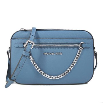 MICHAEL KORS 防刮皮革銀色鏈帶斜背方包(灰藍色)