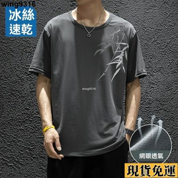 🎁限時低價🎈 冰感涼爽冰絲網眼短袖男t恤2025新款夏季薄款速幹半袖大碼寬鬆體恤上衣男