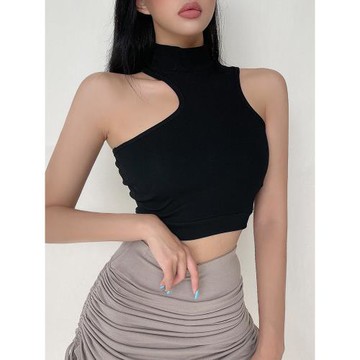 liviahome 辣妹性感修身顯瘦不規則挖肩背心女半高領短款露臍上衣