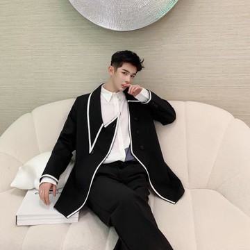 高級感西裝男撞色不規則裁剪設計感外套韓風發型師中長款西服上衣