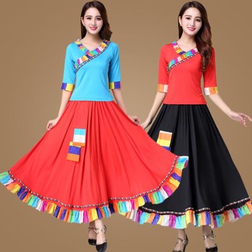 民族廣場舞服裝套裝舞蹈演出服藏族大擺裙長裙女表演衣春夏季新款