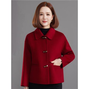 中老年女裝雙面羊毛呢大衣短款2024新款50歲媽媽洋氣高貴冬季外套