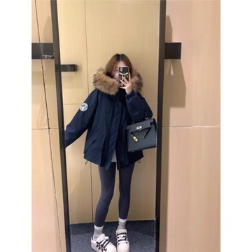 LILY MOST藏青色大毛領2025新款派克服加厚連帽白鴨絨情侶外套