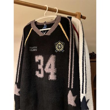 MASDYIREN 秋季美式復古寬松休閑學院風字母V領針織衫毛衣男女潮