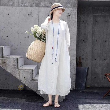 現貨+預購 亞麻連身裙長袖洋裝大尺碼長裙連衣裙A字裙休閒大碼女裝-圓領側邊開叉長款女裙子74ba20【獨家進口】【米蘭精品】