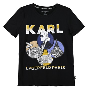 KARL LAGERFELD 卡爾 老佛爺巴黎地標印花棉質短T恤.黑