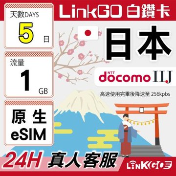 LINKGO白鑽卡 日本原生 eSIM卡 DOCOMO/IIJ 5天上網1GB/日(日本網卡 沖繩 大阪 北海道 東京)