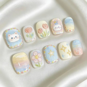 💗台灣出貨💗可愛貓咪花朵鬱金香漸變穿戴甲2026春天莫奈花園短款美甲貼顯白