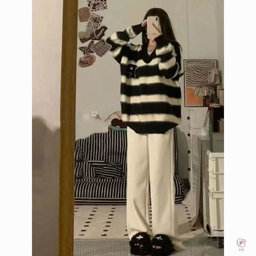 🔥秋冬新品🔥兩件套裝2024秋冬新款鹽系慵懶風黑白條紋毛衣女+杏色闊腿褲個人套裝