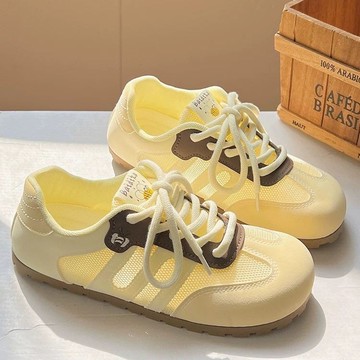 🔥台灣出貨🔥網麵德訓鞋女25平底不纍腳奶黃透氣闆鞋百搭女老爹鞋 厚底鞋