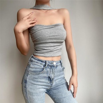 BERAN 歐美風性感平路露肩高腰短款純色掛脖抹胸吊帶背心辣妹上衣