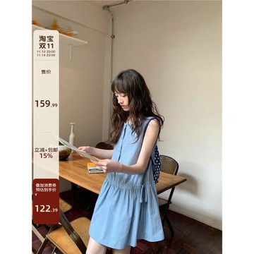 (免運)你好卡農 抽繩腰背心短裙圓領娃娃裙女夏新款設計感寬松a字連衣裙