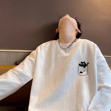 XS~XL 長袖 純棉 長T 情侶T【YL1401-2】左胸貓咪撈魚假口袋 台灣製 MIT情侶裝 長袖T恤