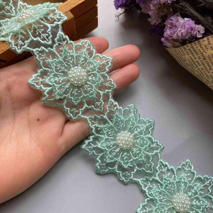 グリーンレーストリム12x5cm 2層ビーズ 花 葉 刺繍生地 パッチワーク 結婚式 ドレス 縫製作業