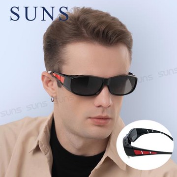 【SUNS】包覆式偏光墨鏡 運動太陽套鏡 紅框灰片 墨鏡 抗UV400/可套鏡/防眩光/遮陽/眼鏡族首選